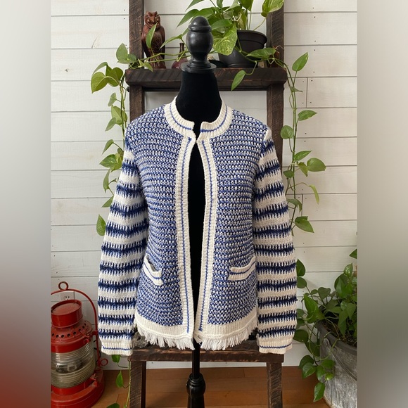 Talbots: Blue and White Mix Textured Jacket Sweater with Fringe Trim - Picture 15 of 17